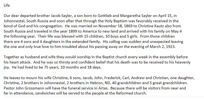 Jacob Sayler obit translation